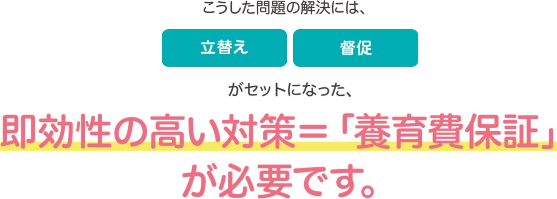 こうした問題の解決には、立替　督促　法的手続き　がワンセットになった、即効性の高い対策＝「養育費保証」 が必要です。