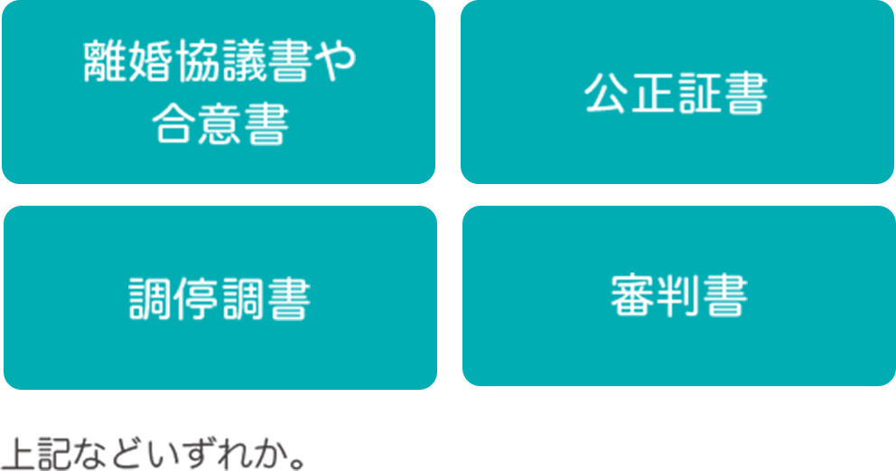 離婚協議書や合意書 公正証書 調停調書 審判書 上記これら等いずれか。