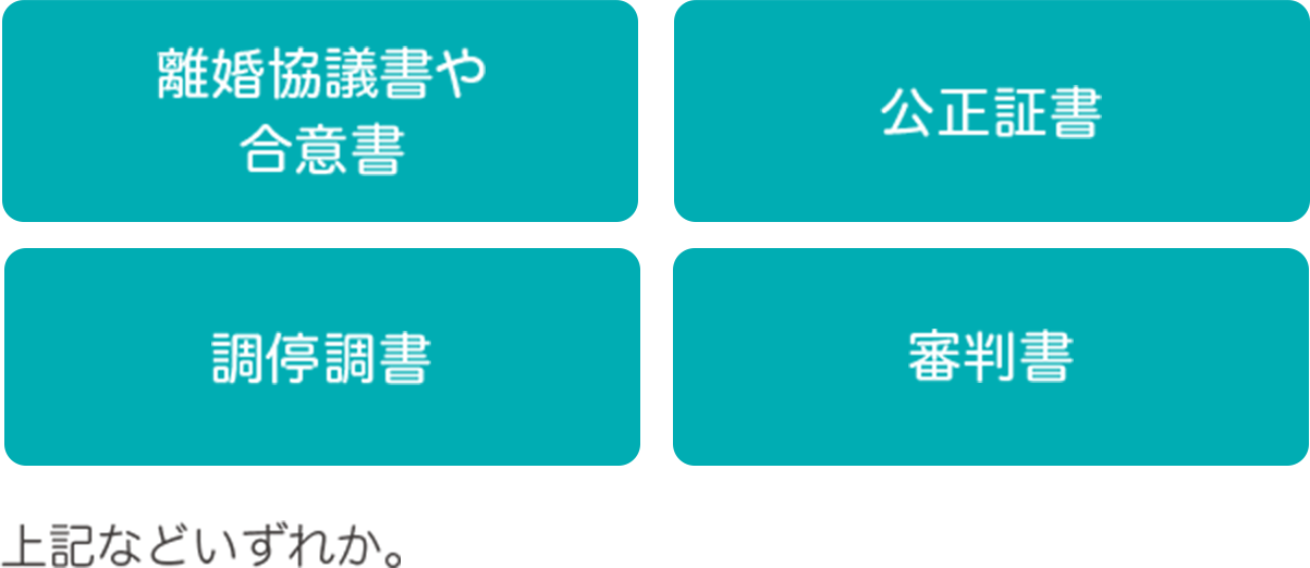 離婚協議書や合意書 公正証書 調停調書 審判書 上記これら等いずれか。